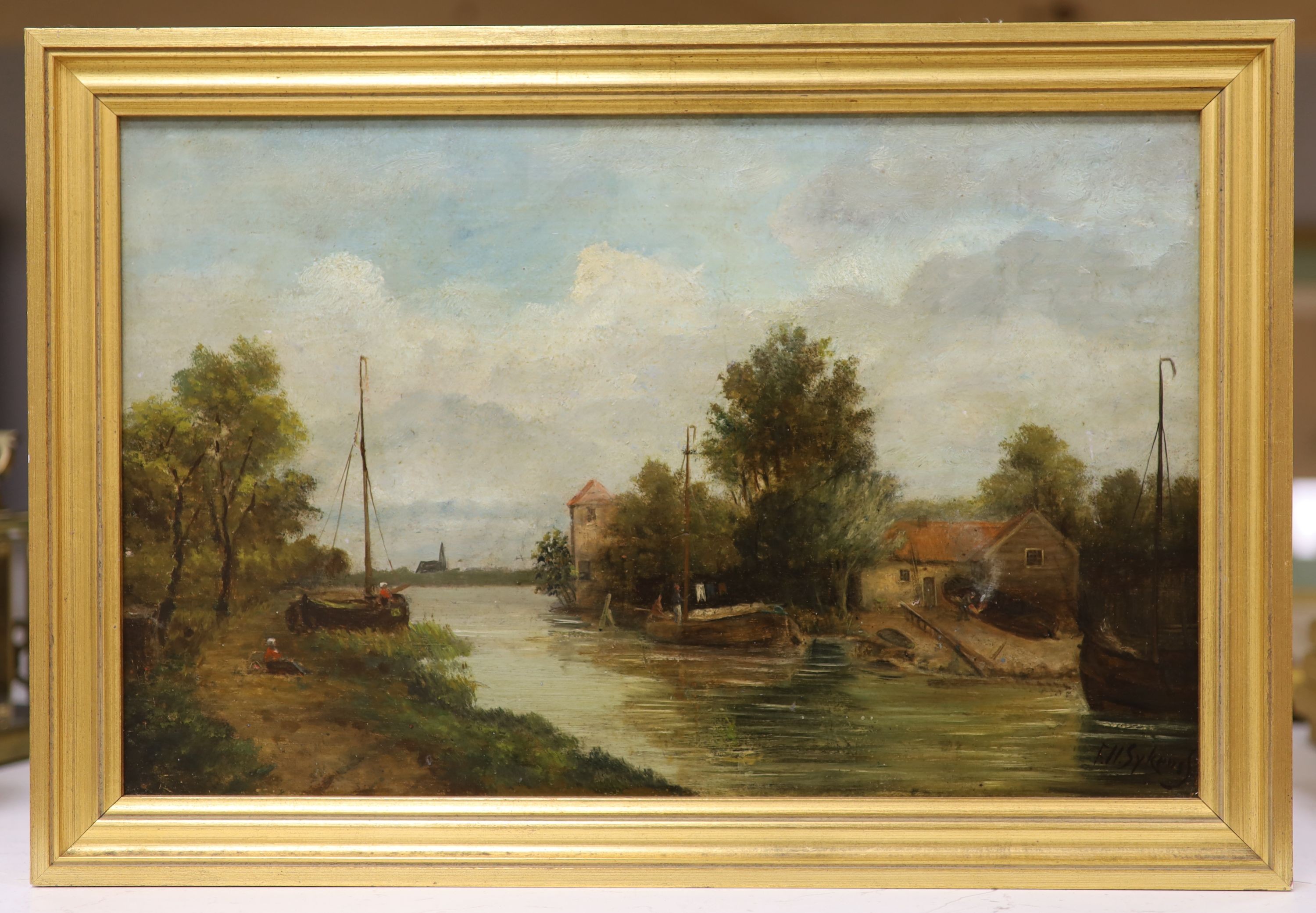 Ferdinand Hendrik Sykens (1813-1860), oil on wooden panel, River landscape, signed, 23 x 36cm